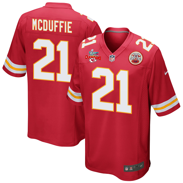Trent McDuffie #21 Kansas City Chiefs Super Bowl LVII Champions 3 Stars Men's Game Red NFL Jersey