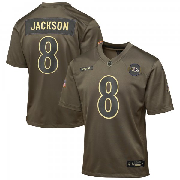 Youth #8 Lamar Jackson Baltimore Ravens Nike 2025 Salute to Service Game Olive Jersey
