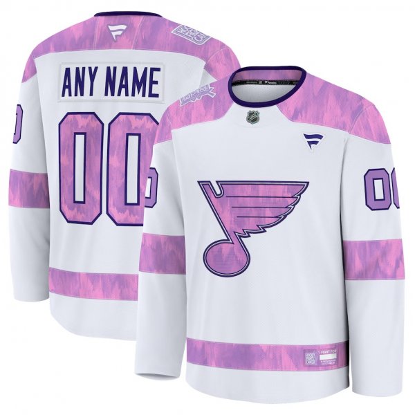 Men's St. Louis Blues Fanatics White 2024 Hockey Fights Cancer Custom Practice Jersey